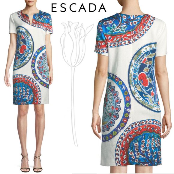 Escada Short-Sleeve Pottery-Medallion Print Chemise Dress
